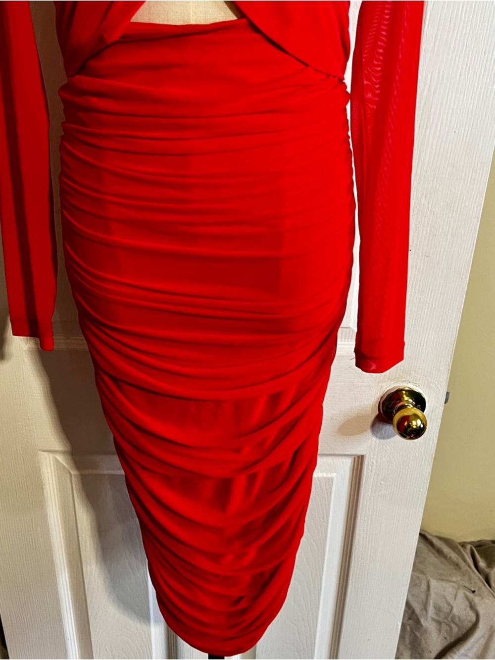 New Bardot Wms Aliyah Fire Red Sheer Ruched Crisscross L/S Coquette Midi Dress M - Picture 5 of 15